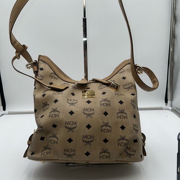 MCM Visetos‎ Hobo Bag Ivory Shoulder Bag Shopper Bag LogoPrint With Lock and Two